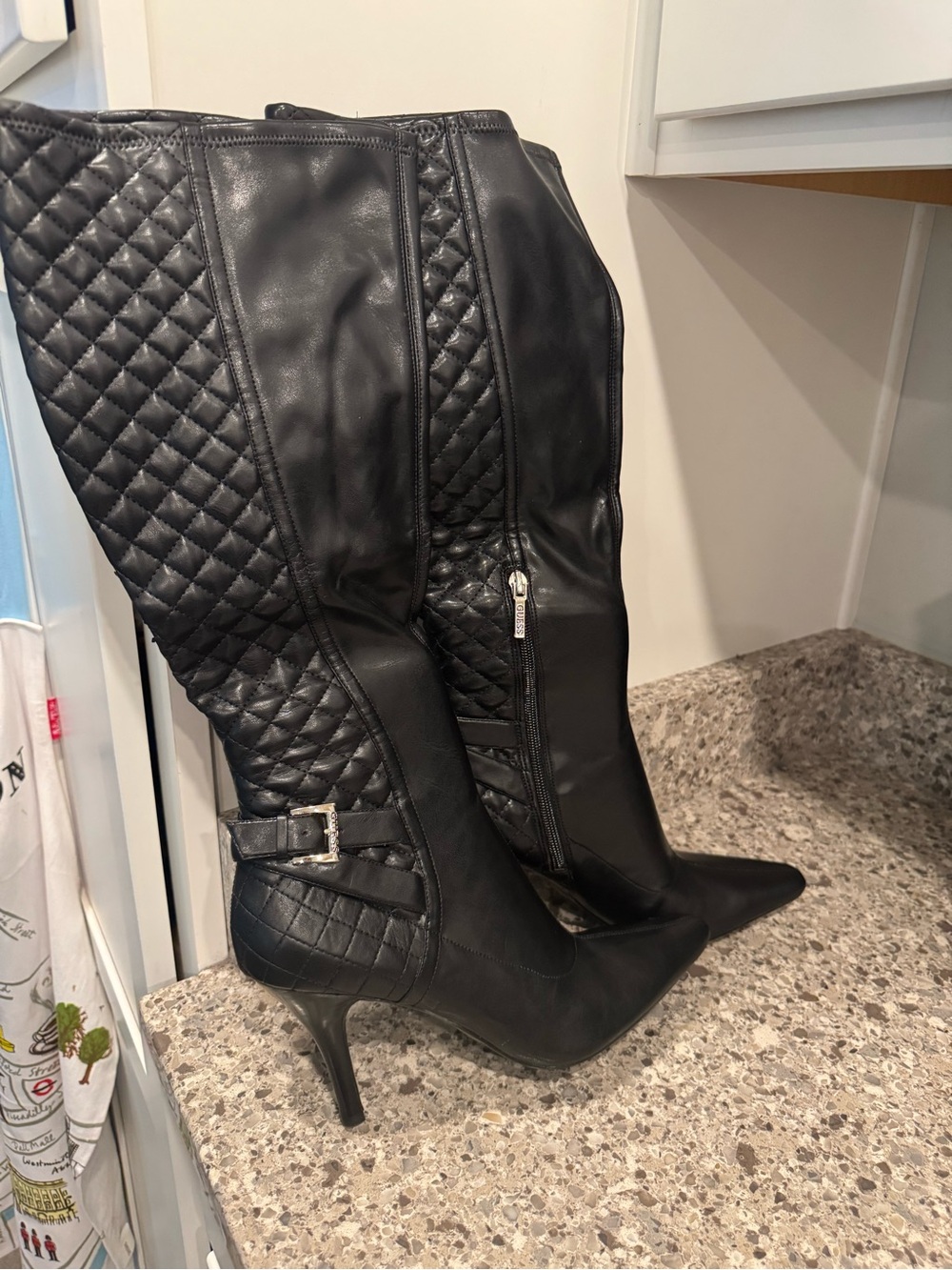 Guess Black Quilted Knee-High Stiletto Boots - Women's Fashion
